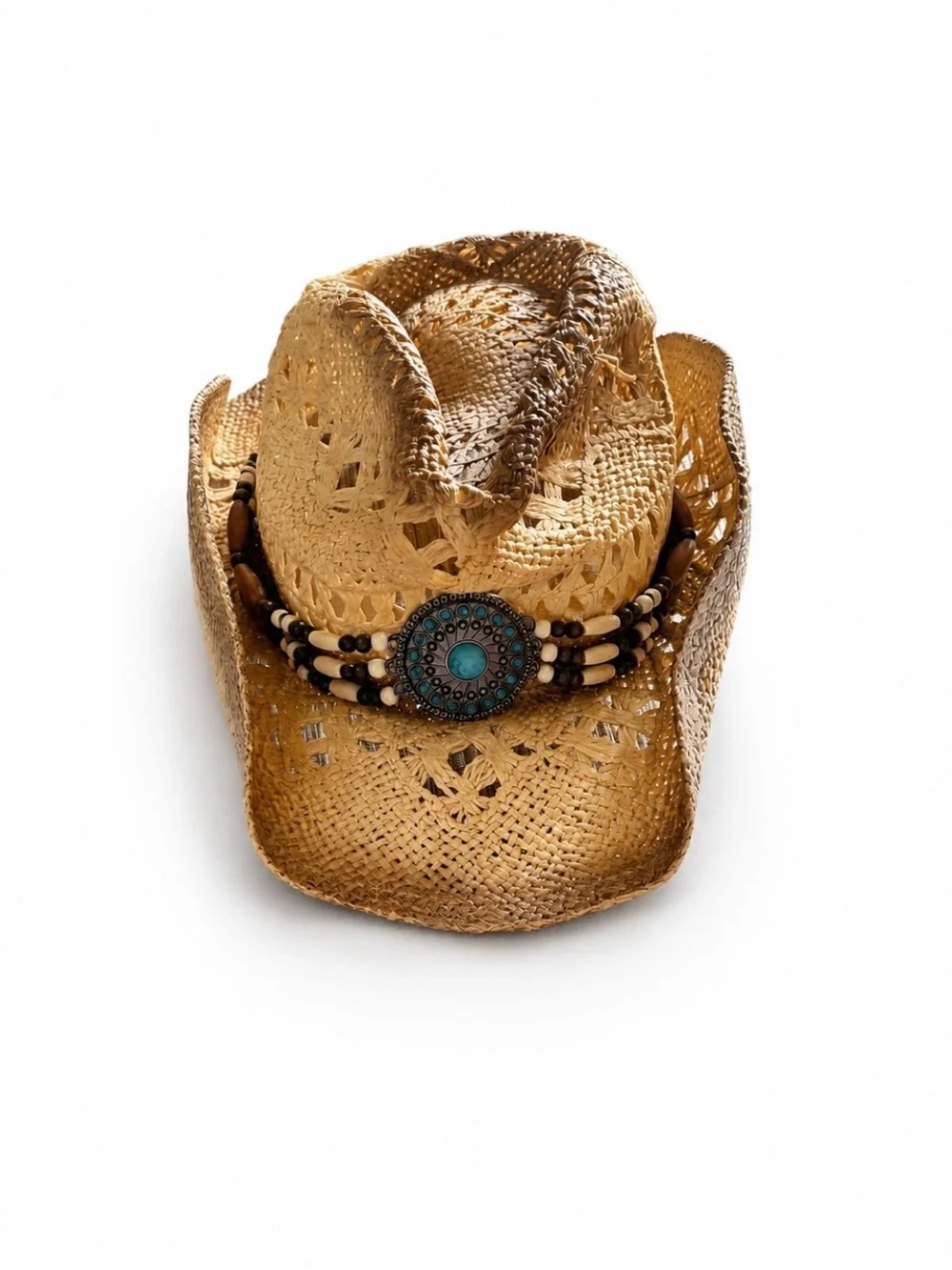 Woman’s Straw Beaded Cowboy Hat with Turquoise Accent - Natural.
